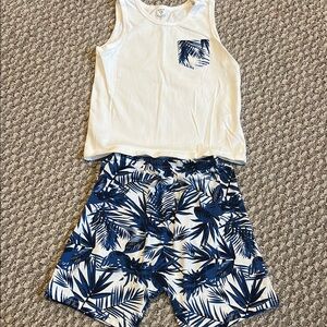 White Tank Top and Blue Leaf Print Shorts Set